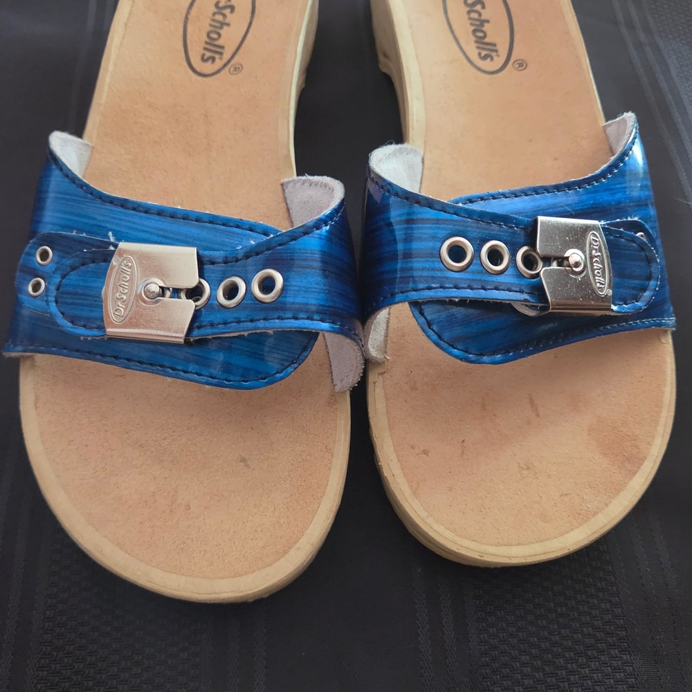 Dr Scholls Sandals Women Size 8.5 Blue Metallic Wooden Buckle Slides - Picture 2 of 9